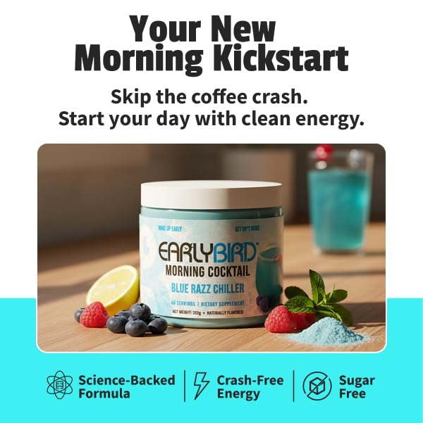 EarlyBird Energy Drink Powder - Morning Cocktail Blue Razz Chiller - Zero Sugar Electrolytes with Amino Acids - Electrolytes Powder & Caffeine Drink Mix for Morning Energy, Focus & Hydration - 45 Servings