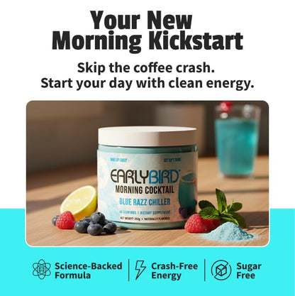 EarlyBird Energy Drink Powder - Morning Cocktail Blue Razz Chiller - Zero Sugar Electrolytes with Amino Acids - Electrolytes Powder & Caffeine Drink Mix for Morning Energy, Focus & Hydration - 45 Servings
