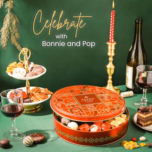 BONNIE AND POP - Holiday Snack Gift Tin, Round, Modern Pattern, Assorted Treats: Belgian Truffles, Chocolate Covered Oreos, Peanut Brittle and Candy Nuts