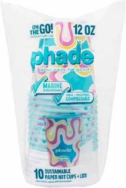 phade 12 oz Paper Hot Cups with Lids - 80 Count - Marine Biodegradable, Compostable & PFAS-Free - Made in USA Eco Coffee Cups, Squiggle Multi-Color