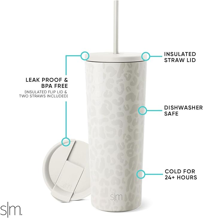 Simple Modern Insulated Tumbler with Lid and Straw | Iced Coffee Cup Reusable Stainless Steel Water Bottle Travel Mug | Gifts for Women Men Her Him | Classic Collection | 24oz | Cream Leopard