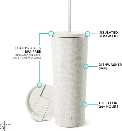 Simple Modern Insulated Tumbler with Lid and Straw | Iced Coffee Cup Reusable Stainless Steel Water Bottle Travel Mug | Gifts for Women Men Her Him | Classic Collection | 24oz | Cream Leopard
