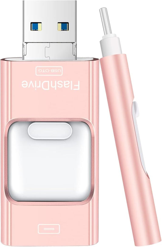 Flash Drive for iPhone 512GB, 4 in 1 USB Type C Memory Stick, Photo Stick External Storage Thumb Drive for iPhone iPad Android Computer, Rose Pink