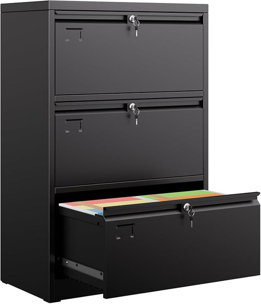 SUXXAN Metal 3 Drawer Lateral File Cabinet with 3 Lock - Wide Filing Cabinet for Letter/Legal/F4/A4 Hanging Files - Includes Business Card Holder,Home Office School Storage,Black