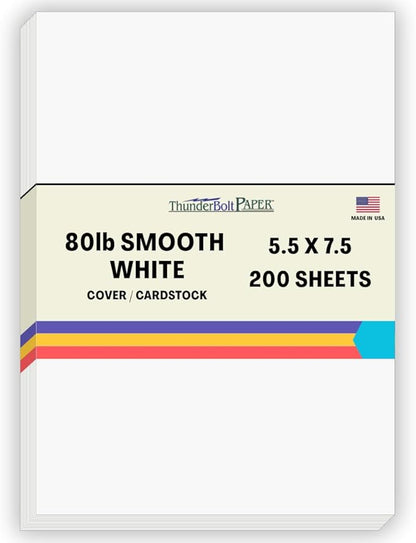 200 Bright White Smooth Card Paper Sheets - 80# (80 lb/pound) Cover Weight - 5.5" X 7.5" (5.5X7.5 Inches) Photo|Card|Frame Size - Quality Paper - Smooth Finish