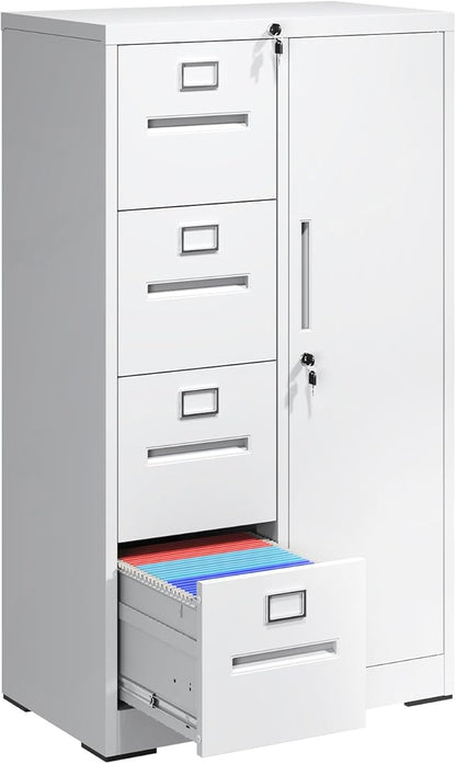 4-Drawer Vertical File Cabinet with Lock & 1 Door,File Cabinet with Storage Shelves for A4/Legal/Letter, White, Assembly Required
