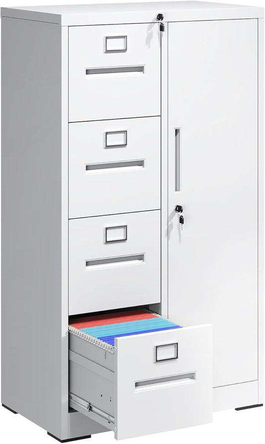 4-Drawer Vertical File Cabinet with Lock & 1 Door,File Cabinet with Storage Shelves for A4/Legal/Letter, White, Assembly Required