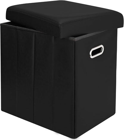 Tall Ottoman with Storage, Faux Leather Collapsible Slim Folding Ottoman Furniture with Handles Lid for Room Footrest Foot Stool, Black 16.5x16.5x11.8in