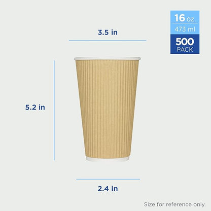 Karat 16oz Ripple Insulated Coffee Hot Cups [500 Count] Kraft Double Poly Lined Paper Hot Cup - Ideal for Hot Beverages, 90mm (C-KRC516)