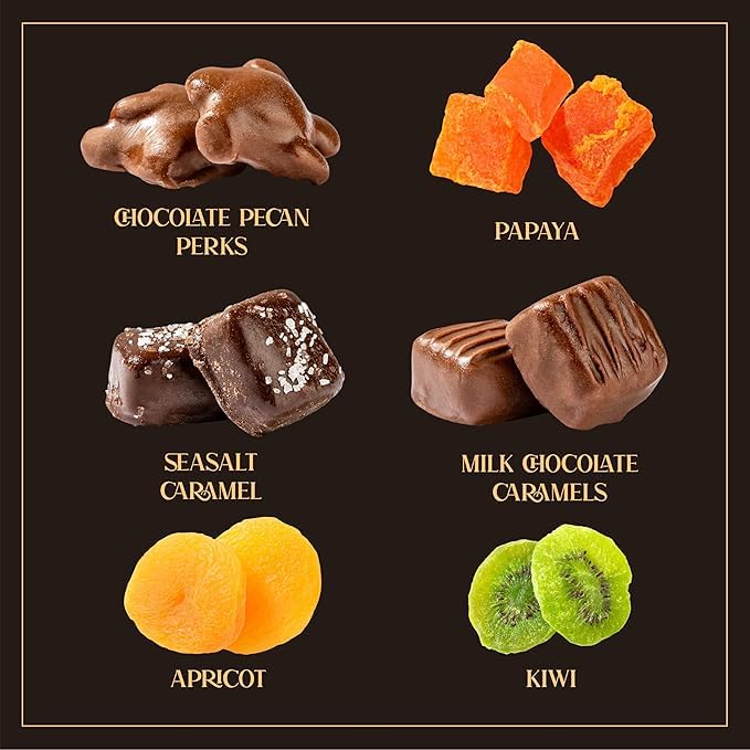 Christmas Premium Fruit & Chocolate Gift Box – Assortment with Chocolate Pecans, Dried Apricots, Kiwi Slices, Papaya, Sea Salt Caramels & Milk Chocolate Caramels