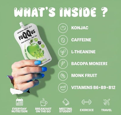 Apple Green Grape Konjac Jelly with Bacopa + Caffeine + L-Theanine (10 Pouches) | Low Calorie, 0g Sugar, Gluten-Free, Vegan & Keto | Drinkable Asian Snack | Nutrients for Gut Health & Focus