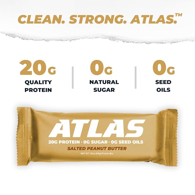 Atlas Bar – 20g Protein, 1g Sugar, 0g Seed Oils, 0g Artificial Sweeteners (Salted Peanut Butter, 24 Count)