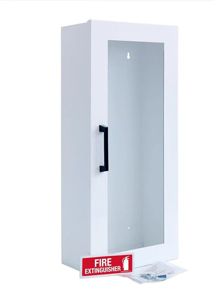 Fire Extinguisher Mount - White Cabinet with Door - 22 Gauge Steel, Powdercoat Finish, Metal Handle, Universal Wall Mountability - 5 -10 lb. Capacity - Made in USA - Extinguisher Not Included