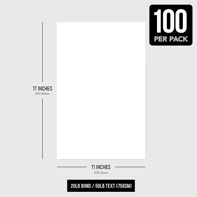 White Pastel Colored Paper - Perfect for Documents, Invitations, Posters, Flyers, Menus, Arts and Crafts | 11" x 17" | Regular 20lb Bond (75gsm) Paper - Smooth Finish | Bulk Pack of 100 Sheets