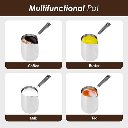Classics Turkish Coffee Pot, 21oz/600ml Stainless Steel Milk Frothing Jug Long Handle Coffeware Pull Flower Toroid Pitcher Milk Warmer Hot Chocolate Maker