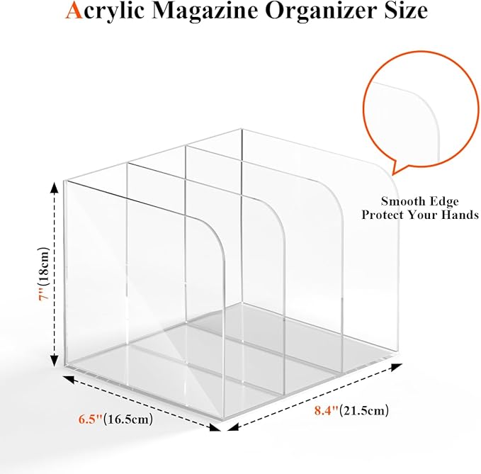 Acrylic File Organizer for Desk, Clear Magazine File Holder Sorter with 3 Vertical Compartments Rack, Desk Organizer Office Supplies Stand Bookshelf - 8.46" W x 7.2" D x 6.5" H