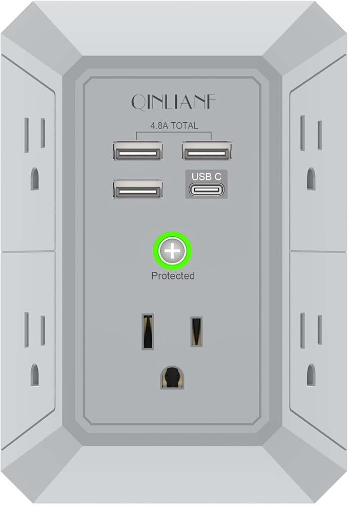 USB Wall Charger, Surge Protector, QINLIANF 5 Outlet Extender with 4 USB Charging Ports(3U1C) 3-Sided 1680J Power Strip Multi Plug Outlets Wall Adapter Spaced for Home Travel Office, Grey
