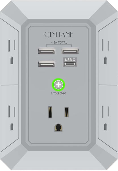 USB Wall Charger, Surge Protector, QINLIANF 5 Outlet Extender with 4 USB Charging Ports(3U1C) 3-Sided 1680J Power Strip Multi Plug Outlets Wall Adapter Spaced for Home Travel Office, Grey