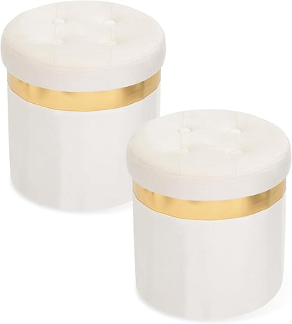 Small Ottoman with Storage,Folding Round Ottoman with Gold Trim,Velvet Storage Stool,Foot Stool with Soft Padded,Foot Rest for Living Room13“x13”x12.4(Beige,2pcs)