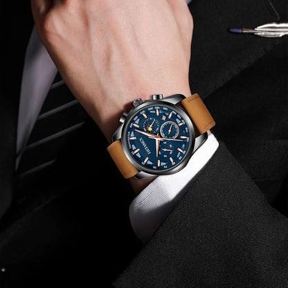 Watches for Men Chronograph Analog Luminous Quartz Watch Blue Black Luxury Genuine Leather Mens Watches Business Sports Waterproof Wristwatch Elegant Gift for Him