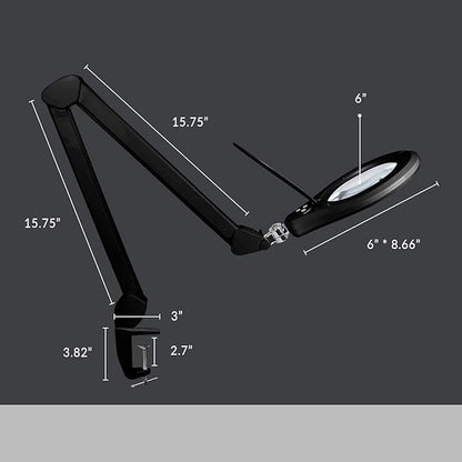Neatfi Elite Super LED Magnifying Lamp with Clamp, 6” Glass Lens, Dual Magnification, 5D/12D, 6500K, Glare-Free, Nonpolar Dimming, Lamp for Reading, Sewing, Crafting (6 Inch Lens, Black)