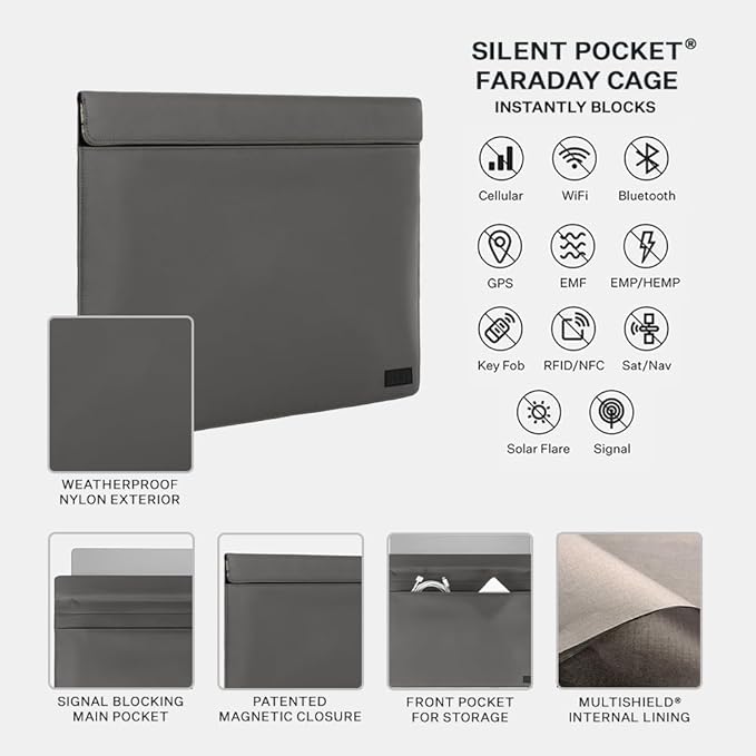 SLNT Weatherproof Nylon Faraday Bag with Silent Pocket Technology - Signal Blocking Device Sleeve for 13 inch and 15 inch Laptops and Tablets, Provides Instant Protection (Grey, 15 inch)