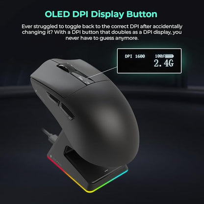 TECWARE EX1 Lightweight Gaming Mouse, 26K DPI Wireless Mouse, OLED Screen Display, 59g Lightweight, RGB Charging Dock, Tri-Mode Connectivity, Comes with PTFE Feet and Grip Tape, Gaming Mouse (Black)
