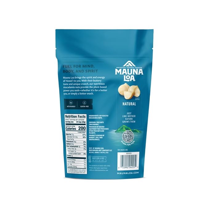 Mauna Loa Unsalted Roasted Macadamia Nuts, 7 oz Resealable Bag, Keto Friendly, Gluten Free, Premium Hawaiian Healthy Snack