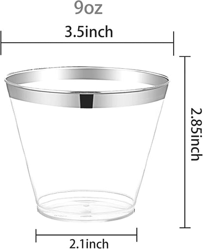 Nervure 120PCS Silver Plastic Cups - 9Oz Silver Rimmed Plastic Cups - Heavy Duty Plastic Cup with Silver Rim Perfect for Weddings, Receptions & Parties