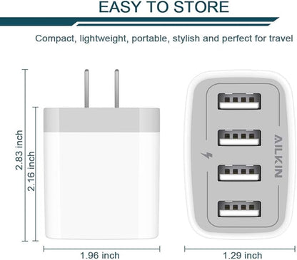 USB Charger Cube, Wall Charger Plug, AILKIN 4.8A 4-Muti Port USB Adapter Power Plug Charging Station Box Base Replacement for iPhone 15 14 13 12 16 Pro Max/X/17, iPad Samsung Phones Charging Block