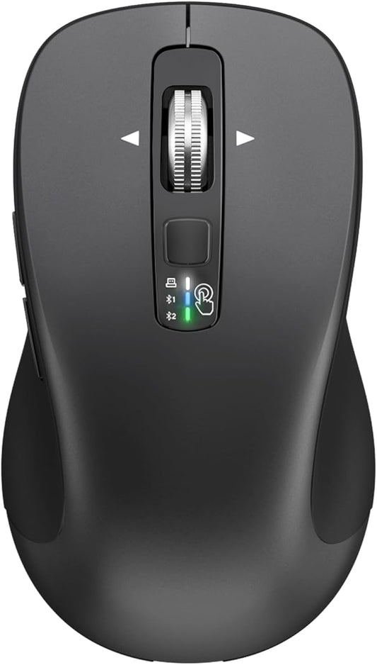 Wireless Bluetooth Mouse (USB + BT1 + BT2), Full Size, 4-Way Scrolling, Multi-Device Silent Mouse for Computer, Laptop, iPad, MacBook (Grey)