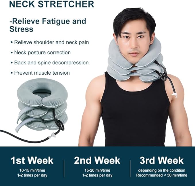 Cervical Traction Device, Adjustable Three Tube Inflatable Neck Stretcher, Neck Braces for Neck Support and Pain Relief, Neck Traction Device for Home/Office Use (grey)