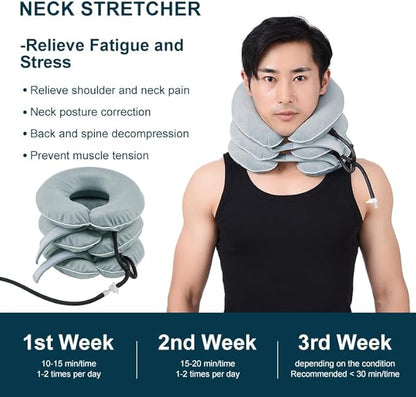 Cervical Traction Device, Adjustable Three Tube Inflatable Neck Stretcher, Neck Braces for Neck Support and Pain Relief, Neck Traction Device for Home/Office Use (grey)