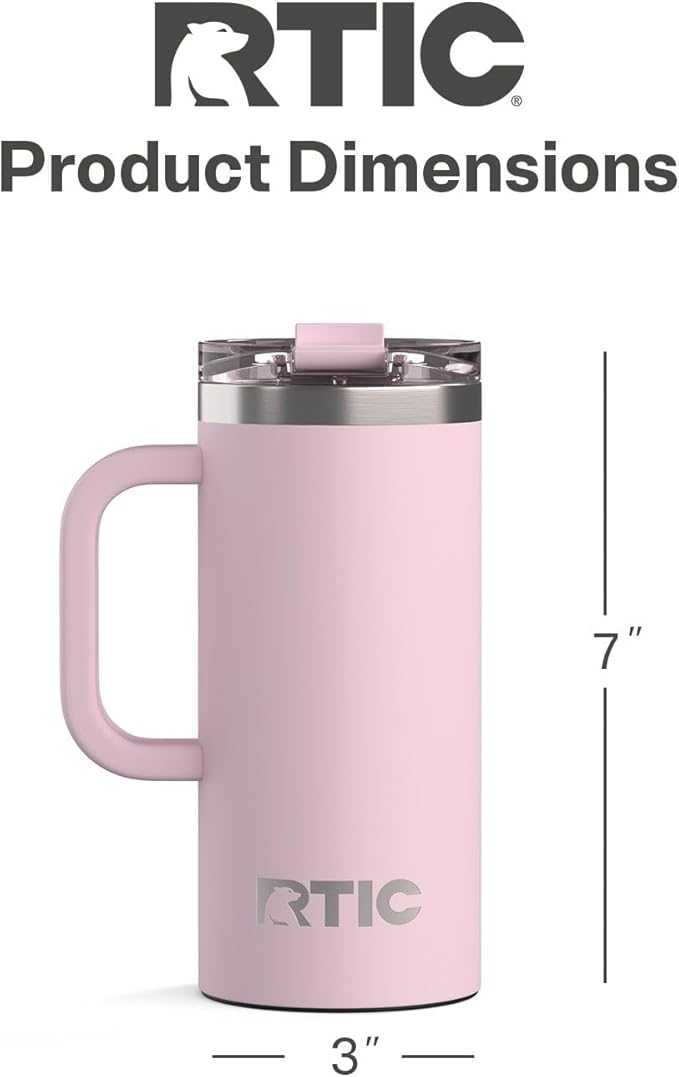 RTIC 16oz Road Trip Travel Mug with Lid and Handle, Ceramic Lined, Insulated, Stainless Steel, Metal, Double Wall Vacuum-Insulation, Portable Coffee, Tea Cup for Hot and Cold Drink, Pale Pink