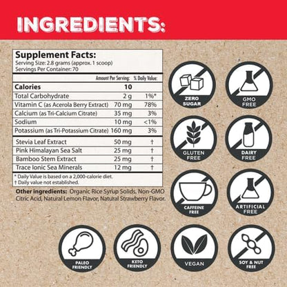 Superieur Electrolytes–Plant Based Electrolyte Supplement w/Sea Minerals for Hydration & Recovery–Keto Friendly, Non-GMO, Zero Sugar, Vegan Healthy Sports Drink Powder–Strawberry Lemon(70 Serv)