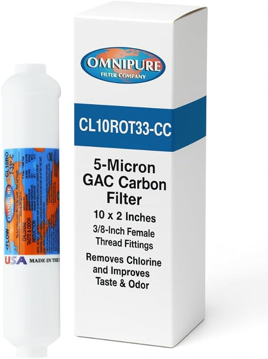 Omnipure CL10ROT33-CC Inline GAC Carbon Filter 5-Micron, 10" x 2" with 3/8" Female Thread Fittings, Removes Chlorine and Improves Taste & Odor for RO Systems, Ice Makers, Water Coolers, Fountains