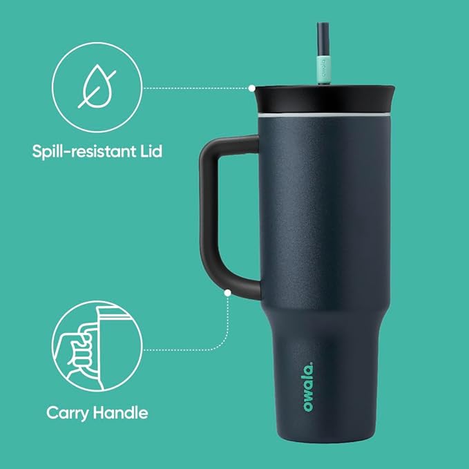 Owala Stainless Steel Triple Layer Insulated Travel Tumbler with Spill Resistant Lid, Straw, and Carry Handle, BPA Free, 40 oz, Gray (Foggy Tide)