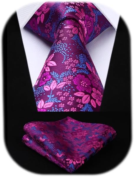 HISDERN Men Floral Ties Woven Classic 3.4" Necktie Set Formal Tie Pocket Square for Wedding with Handkerchief Gift Box