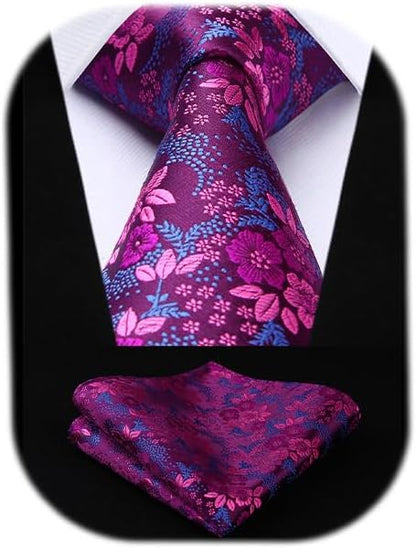 HISDERN Men Floral Ties Woven Classic 3.4" Necktie Set Formal Tie Pocket Square for Wedding with Handkerchief Gift Box