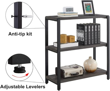 EXCEFUR Bookshelf and Bookcase, 3 Tier Vintage Shelf for Office, Rustic Wood and Metal Book Shelves, Grey