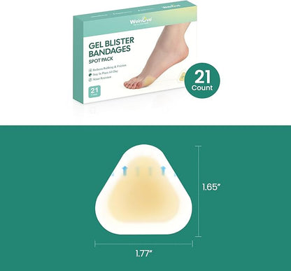 Gel Blister Bandages Hydrocolloid Bandages - Welnove 21ct Blister Cushions (Spot Pack) - Blister Bandages for Heel, Toe & Foot - Blister Pads for Prevention & Recovery - Water Resistant Bandages