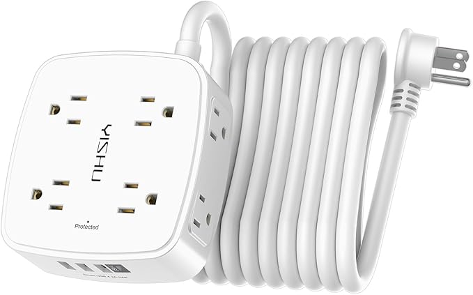 15 Ft Surge Protector Power Strip - 8 Widely Outlets with 4 USB Ports, 3 Side Outlet Extender with 15 Feet Extension Cord, Flat Plug, Wall Mount, Desk USB Charging Station, ETL, White
