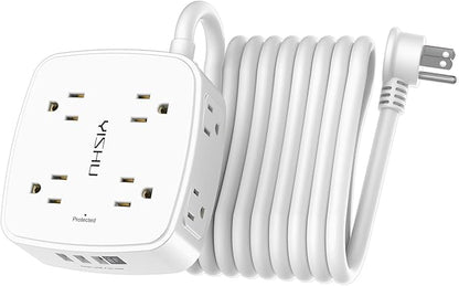 15 Ft Surge Protector Power Strip - 8 Widely Outlets with 4 USB Ports, 3 Side Outlet Extender with 15 Feet Extension Cord, Flat Plug, Wall Mount, Desk USB Charging Station, ETL, White