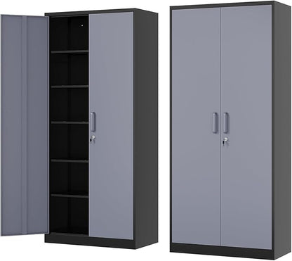Metal Storage Cabinet-72” Tall Steel File Cabinets with Lockable Doors and 5 Adjustable Shelves-Black&Gray Steel Storage Cabinet for Home, School, Office, Garage