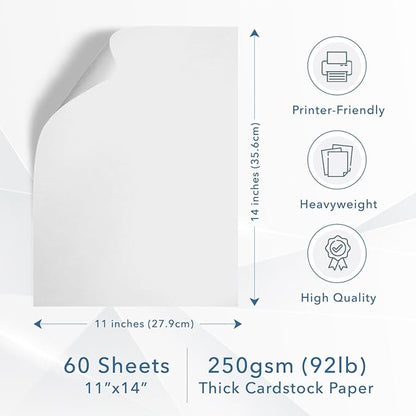 MOS White Cardstock Paper 11 x 14 Inch (60 Sheets) — Heavyweight Poster Board Card Stock for Crafts, Certificates, Menus, Art Projects, Printer Compatible