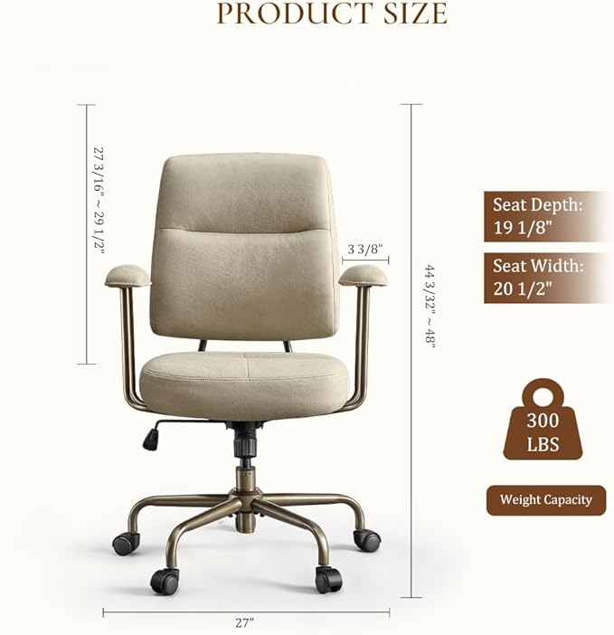 EUREKA ERGONOMIC Becky Home Office Desk Chairs Leather, Comfy Office Chair with Lumbar Support and Arms, Mid-Back, Comfortable Thick Cushion, Mid-Century Modern, Height Adjustable, Off-White