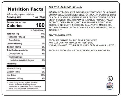 Hot & Spicy Chipotle Flavored Cashews 3 Pound Resealable Pouch | Bold & Crunchy Snack | Gourmet Seasoned Nuts | Perfect for Parties & Gifting | Jaybee's Nuts