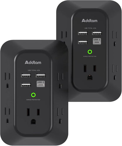 2 Pack Addtam USB Wall Charger Surge Protector, 5 Outlet Extender with 4 USB Charging Ports (1 USB C Outlet) 3 Sided 1800J Power Strip Multi Plug Outlets, Wall Adapter Spaced for Home Office, Black