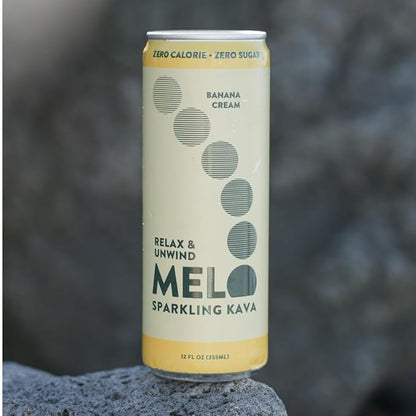 Melo Sparkling Kava Drink, Banana Cream, Sugar Free Non Alcoholic Drinks with Zero Calories, Gluten Free, Vegan, 100% Natural Mocktail with 750mg Kava Root per Drink, 12 Pack, 12 oz Cans