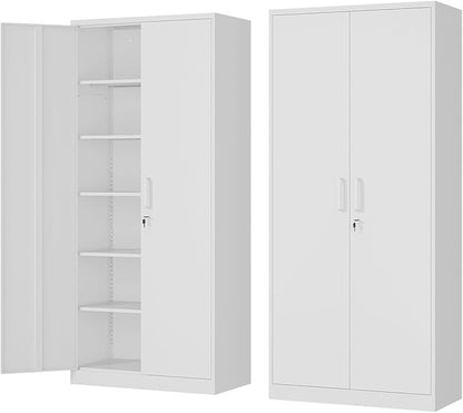 Metal Storage Cabinet-72” Tall Steel File Cabinets with Lockable Doors and 5 Adjustable Shelves-White Steel Storage Cabinet for Home, School, Office, Garage